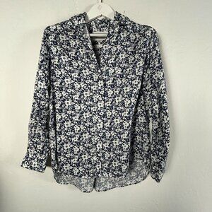 Grayson Womens The Hero Floral Button-Down Shirt Size 2 White Blue Long Sleeve